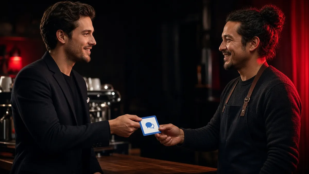 A seller handing an NFC Google review card to a smiling coffee shop owner across the counter