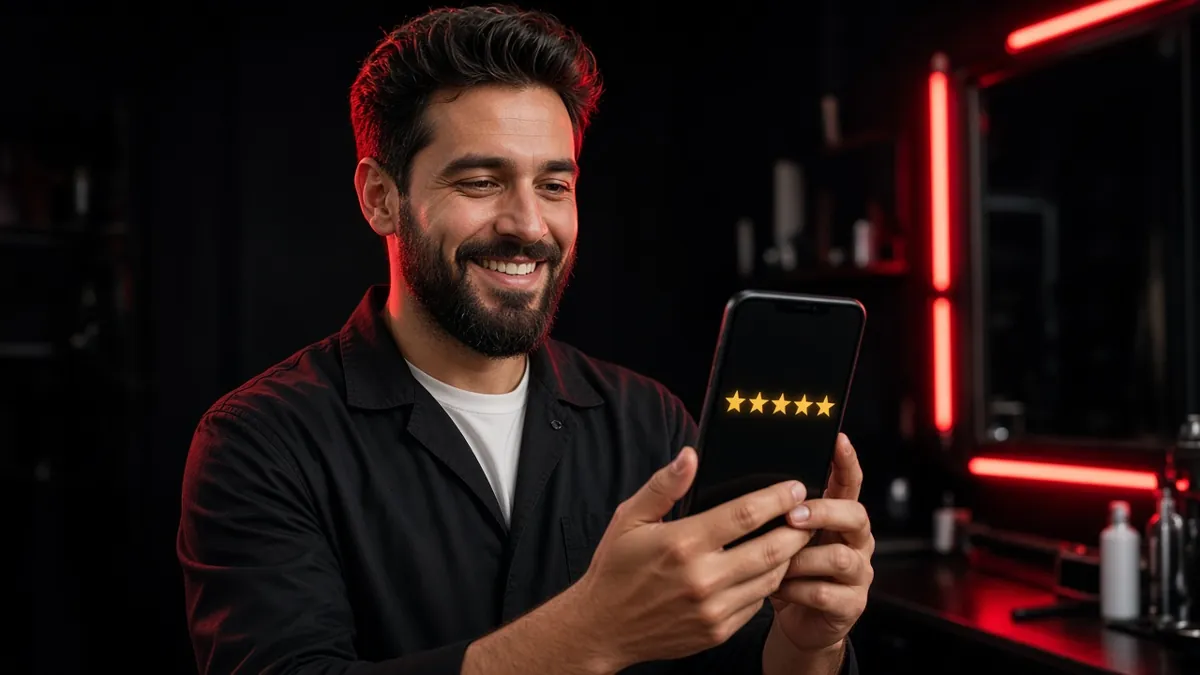 A barbershop owner smiling at a five-star rating on his phone